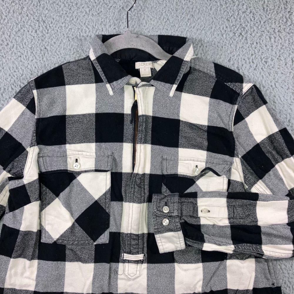 J Crew‎ Plaid Quarter Zip Flannel Shirt Women Medium Black White